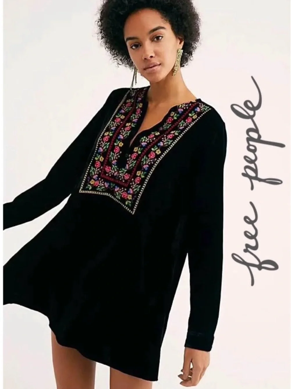Free People Always Forever Velvet Mini Embroidered Dress Size Small
